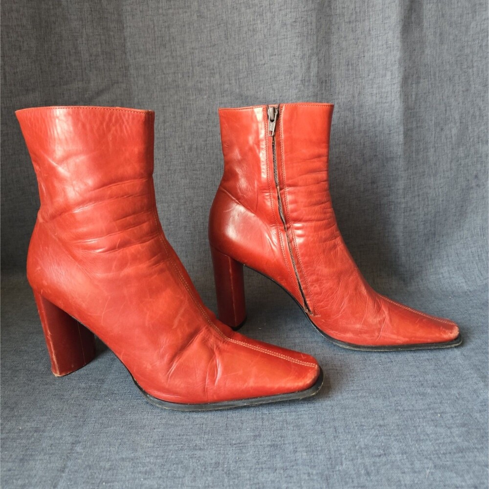 Michel Perry Size 9.5 Burnt Orange Red Leather Ankle Boots Square Need Repair